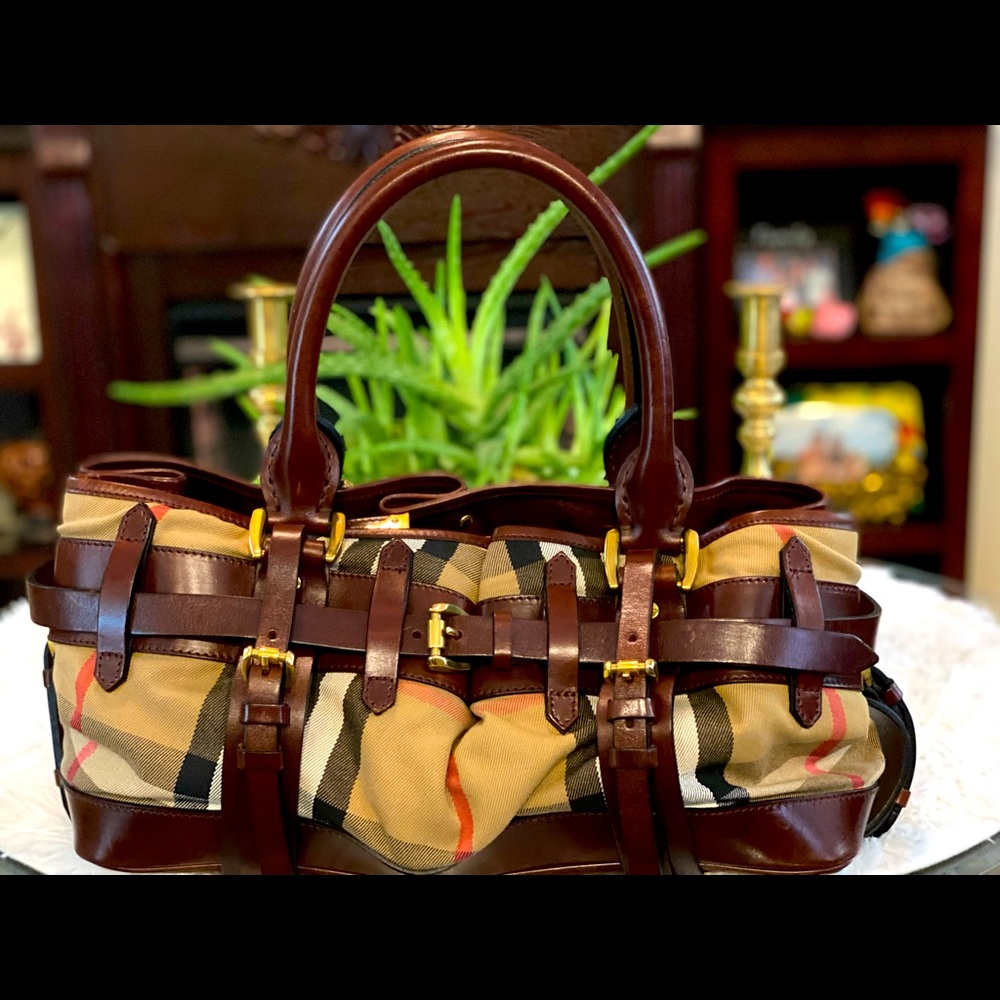 Burberry Brown/Beige Leather and Bridle House Check Canvas Handbag